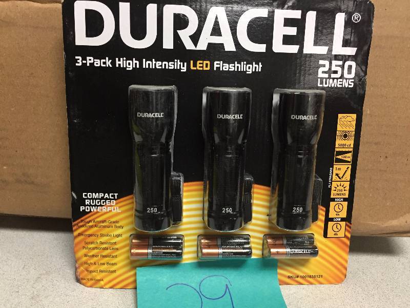 lot 29 image: Duracell 250-Lumens Aluminum Led Flashlight. Weather resistant (IPX4) and Impact resistant (1M). Maximum Beam distance of 130M