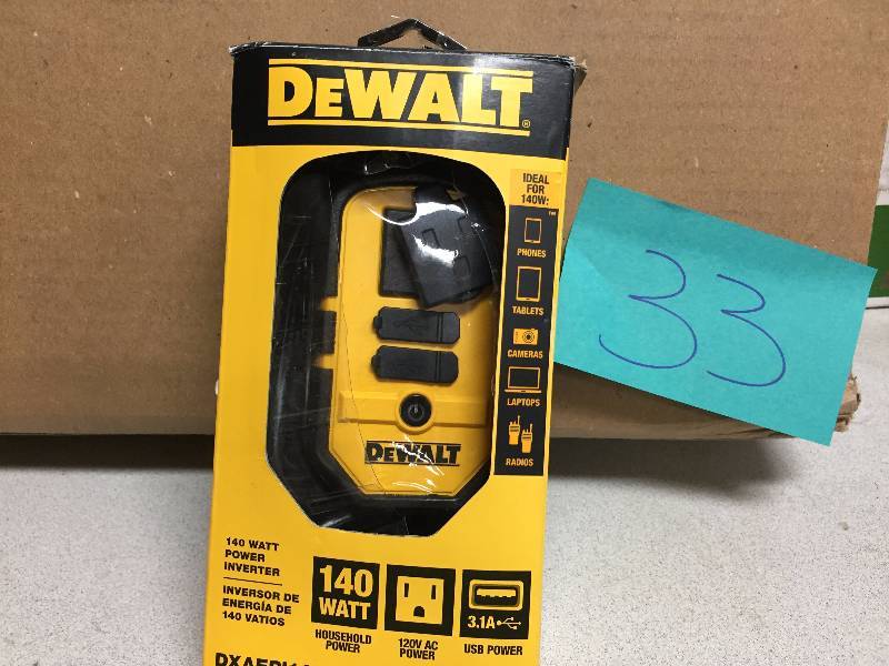 lot 33 image: DEWALT DXAEPI140 140W Power Inverter 12V DC to 120V AC Power Outlet with Dual USB Ports open box