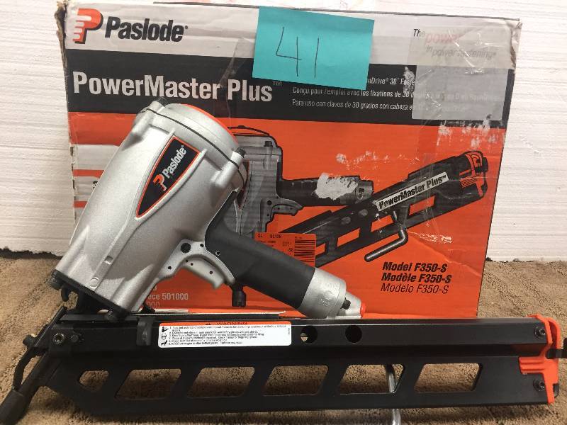 lot 41 image: Paslode Pneumatic 3-12 in. 30° PowerMaster Plus Clipped-Head Framing Nailer Model#  501000 open box never used