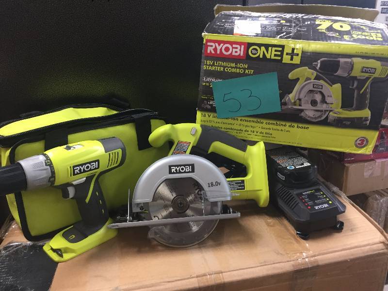 lot 53 image: Ryobi ONE 18-Volt Lithium-Ion Starter Combo Kit (2-Tool) Model#  P825 open box never used