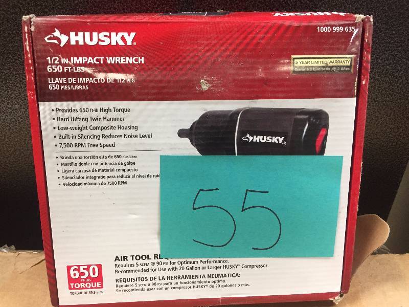 lot 55 image: Husky 12 in. 650 ft. lbs. Impact Wrench open box never used