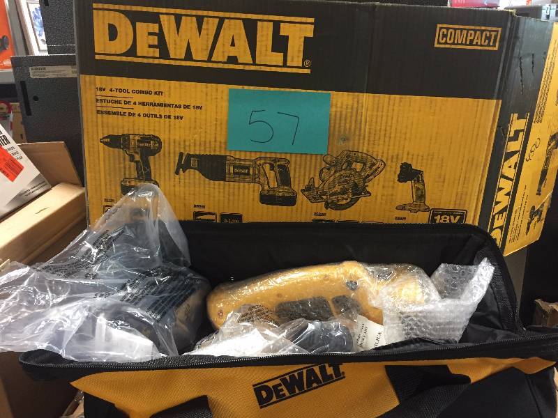 lot 57 image: DEWALT DC4CKITA 18-Volt Compact Cordless 4-Tool Combo Kit New
