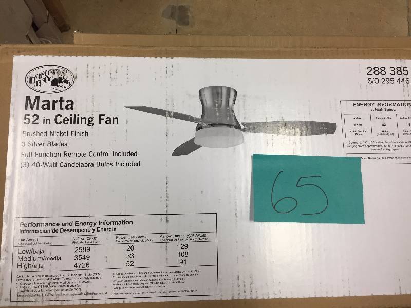 lot 65 image: Hampton Bay Marta 52 in. Brushed Nickel Ceiling Fan Model # 24030 open box never used