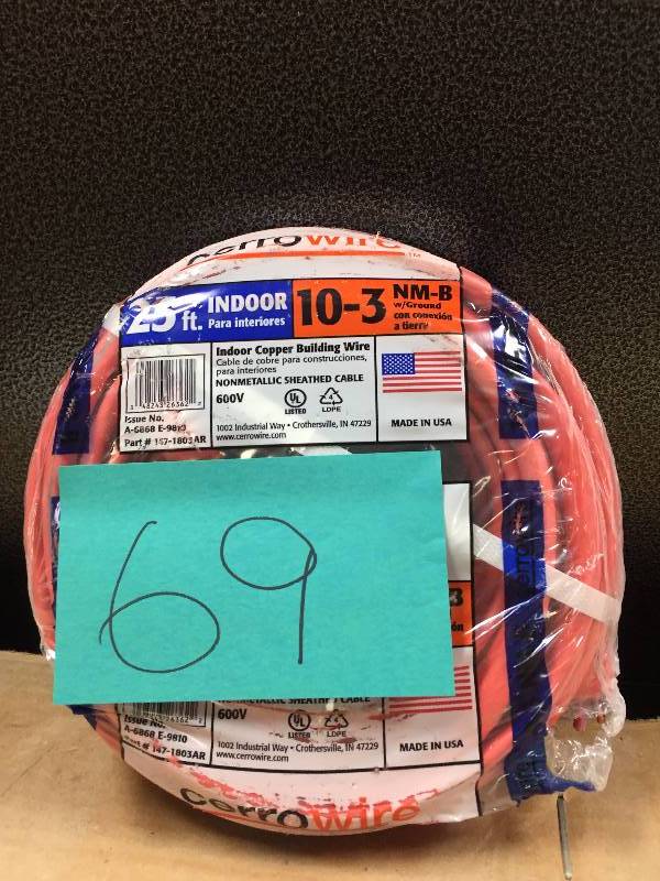 lot 69 image: Cerrowire 147-1803AR 25-Feet 103 NM-B Solid with Ground Wire, Orange New