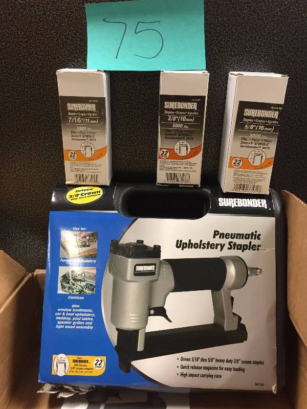 lot 75 image: Surebonder Pneumatic Upholstery Stapler with 22-Gauge Upholstery Staples (38 in., 716 in. and 58 in.) open box never used