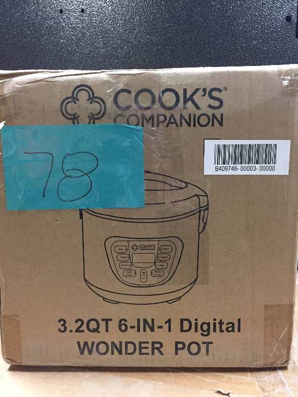 lot 78 image: Cooks Companion 500W 3.2 qt Ceramic Nonstick 6-in-1 Digital Wonder Pot open box never used