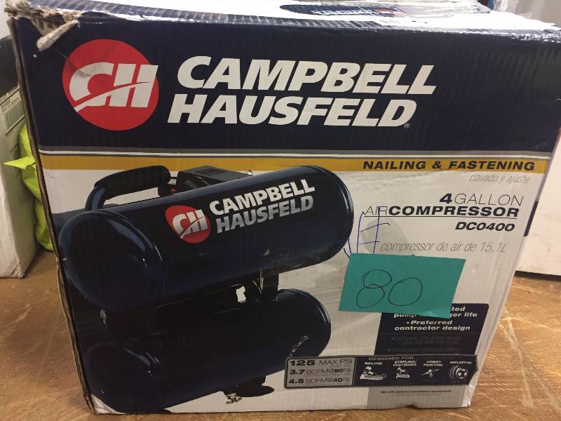 lot 80 image: CAMPBELL HAUSFELD 4 Gallon lubricated Air Compressor DCO400 Compressor 15.1 open box never used