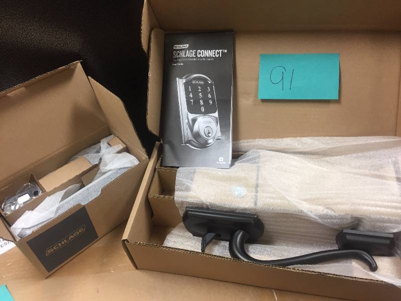 lot 91 image: Schlage Connect Camelot Aged Bronze Touchscreen Left Handed Deadbolt with Alarm and Handleset with Accent Interior Lever New