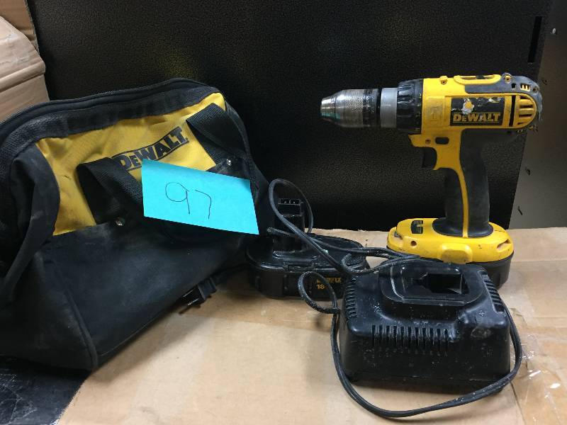 lot 97 image: DeWALT DC725 18V NiCd 12 Cordless Hammer Drill used in working conditions