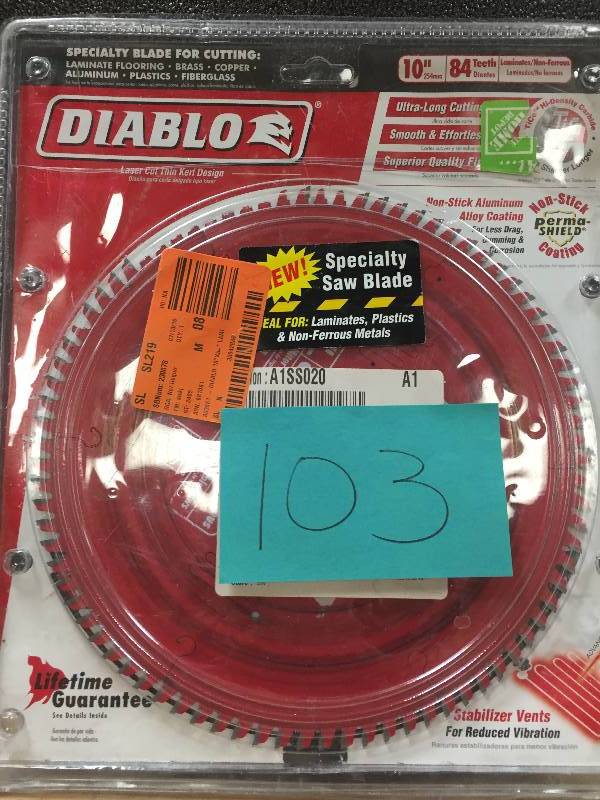 lot 103 image: Diablo 10 in. x 84-Tooth LaminateNon-Ferrous Metal Cutting Saw open box