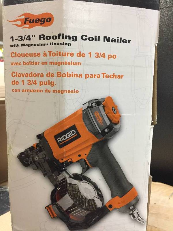 lot 105 image: Ridgid Nail Guns 134 in. Roofing Coil Nailer R175RNE opoen box never used