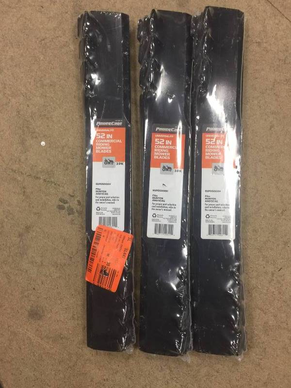 lot 135 image: Set of 3 New Powercare Universal Fit 52 inch Commercial Riding Mower Blades (3 Blades)