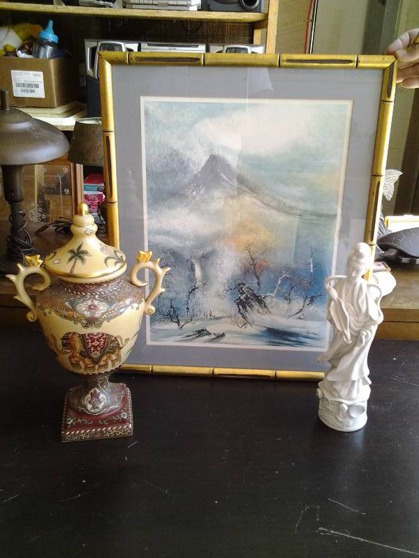Chinese Print By Ho Chu 17x21, Elephant Vase, Asian Statue