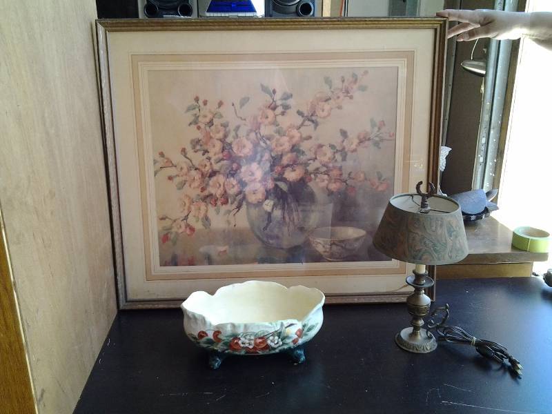 Framed Print 26x29, Vintage Footed Bowl, Old Brass Oil Lamp With Shade