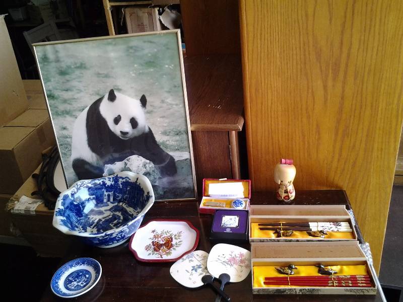 Panda Bear Picture & Asian Decor, Chop Sticks, Wood Figurine, Coasters, Fans, Large Blue China Bowl (Porcelain)