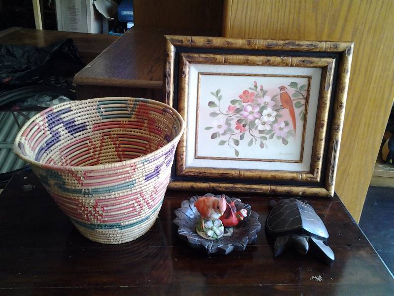 Woven Basket, Framed Picture, Birds, Turtle