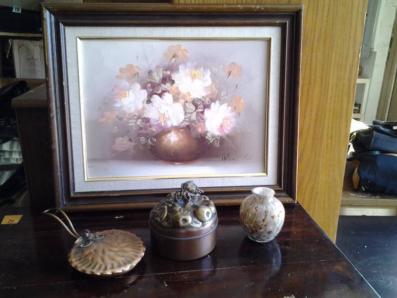 Framed Painting 21x17, Copper Dishes, 1-Glass Vase