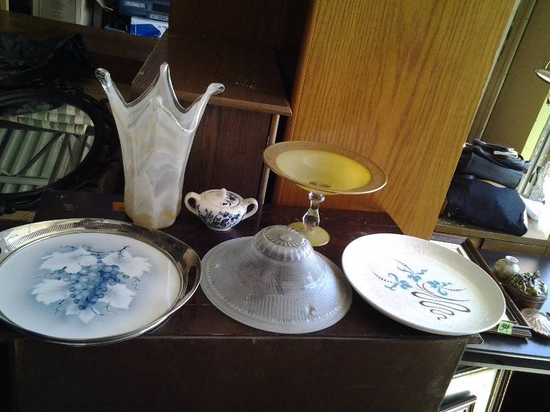 Glass Lamp Shade, Tray, Yellow Glass Compote With Gold Rim, Large Glass Vase, Sugar Dish From Japan, Plate-Fantasy