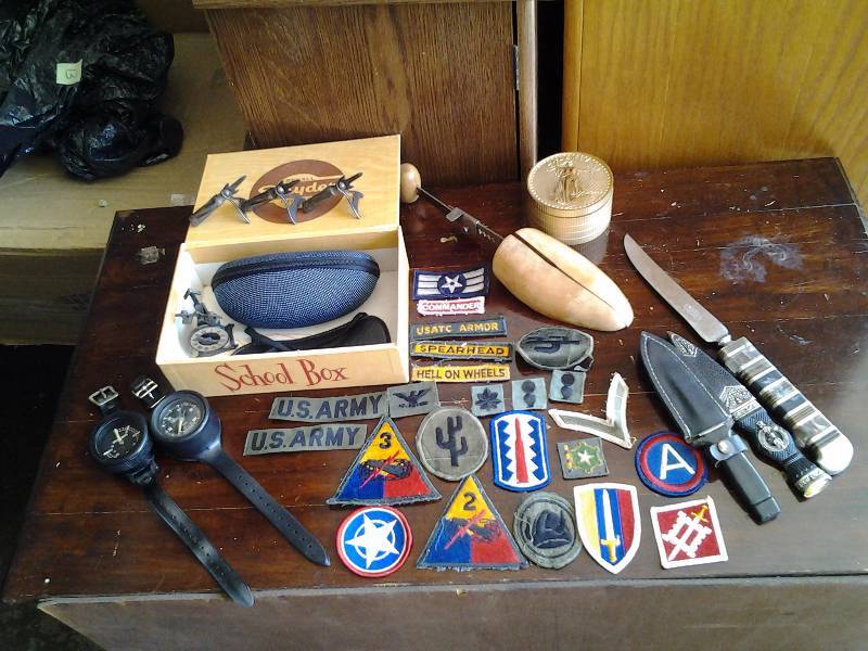 Army Patches, Knives, Bullova Clock, Shoe Stretcher, Divers Watches, Sunglasses, Cigar Box, Gauges, Misc