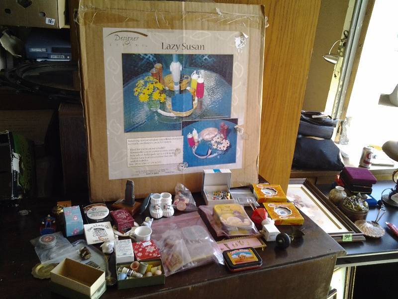 Patio Table Lazy Susan, Lot Of Miniatures, Souvenirs, Tins, Spoons, Thimbles