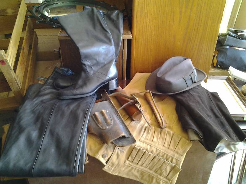 2-Pair Leather Pant Size 10, Boots Size 10, Leather Mens Vest Size Med.,Hunting Vest Size Large, Leather Holster, Stetson Hat