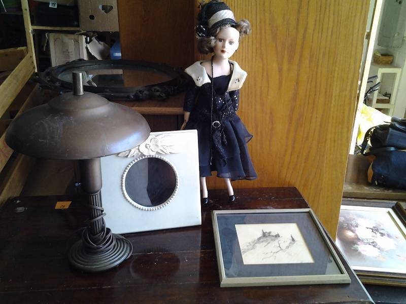 Porcelain Doll, Old Lamp, Mirror, Framed Black & White Sketch