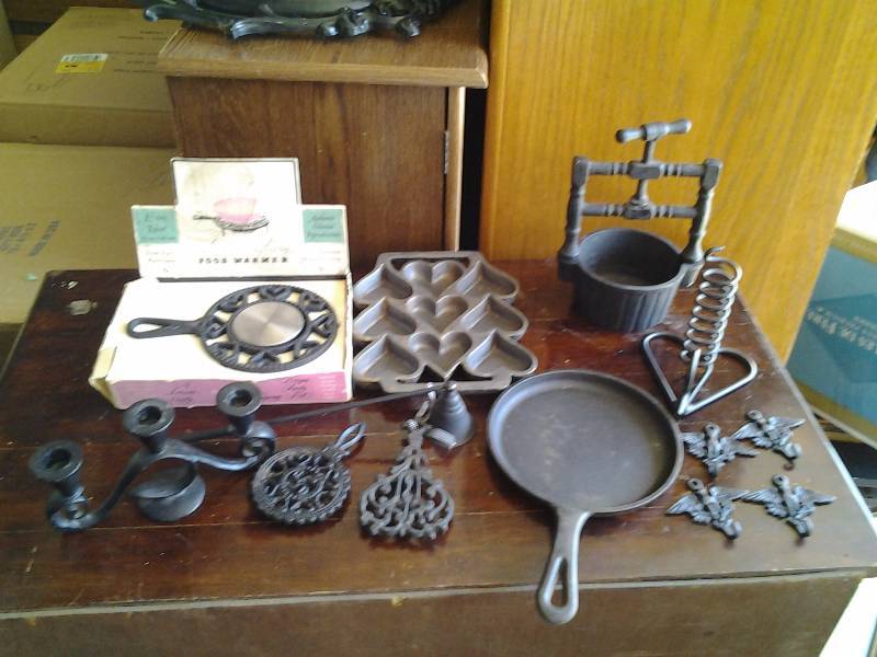 Cast Iron Pans, Food Warmer, Trivets, Candle Holder, 4-Eagle Hooks, Press