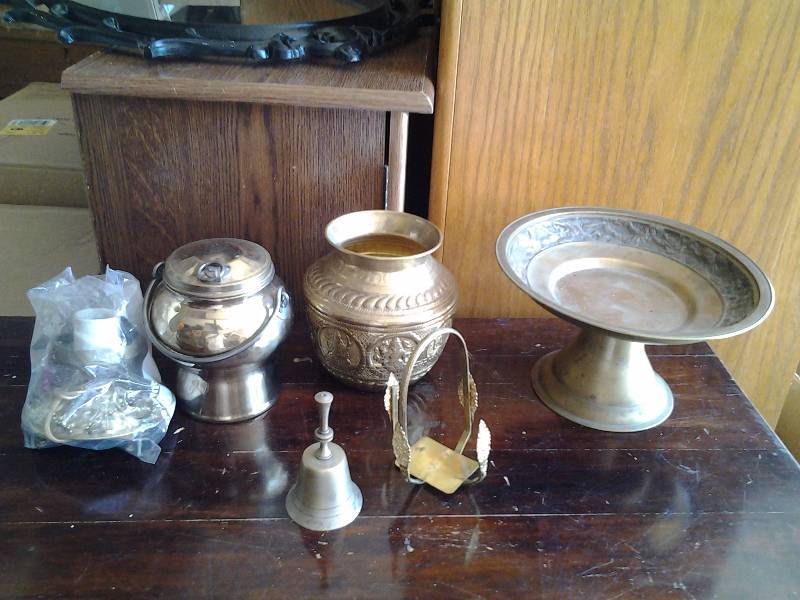Lot Of Brass Compote, Urns, Bell, Old Light Fixture