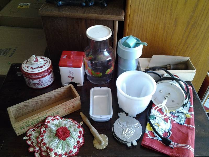 Lot Of Vintage Kitchen Related, Cheese Box, Mixer, Canisters, Misc