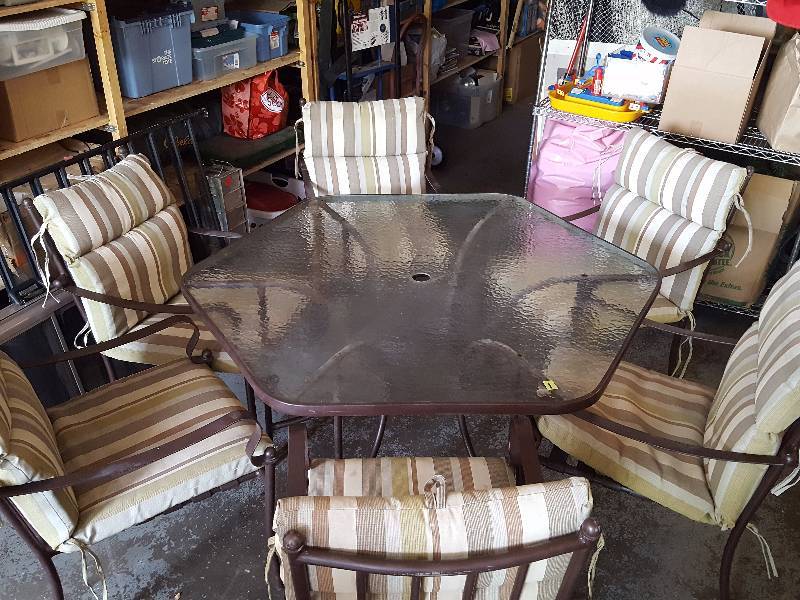 Glass Top Patio Table With 6 Chairs & Cushions 58x52