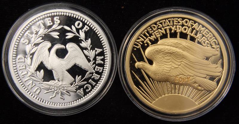 GROUP OF 2 REPLICA COINS ST GAUDENS & DOLLAR (NON-GOLD OR SILVER) IN AIRTIGHT