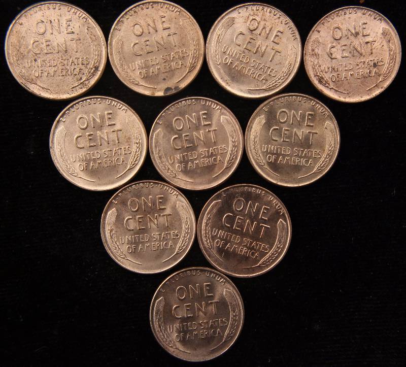 GROUP OF 10 UNC WHEAT CENTS 7-1944-D, 1945-D, 1954-D, 1955-D