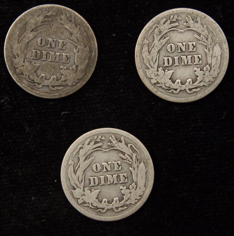 GROUP OF 3 BARBER SILVER DIMES 1907, 1914 & 1916