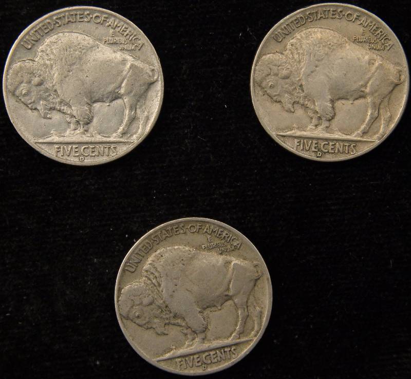 GROUP OF 3 BUFFALO NICKELS 1936D VF, 1937D VF & 1938D XF