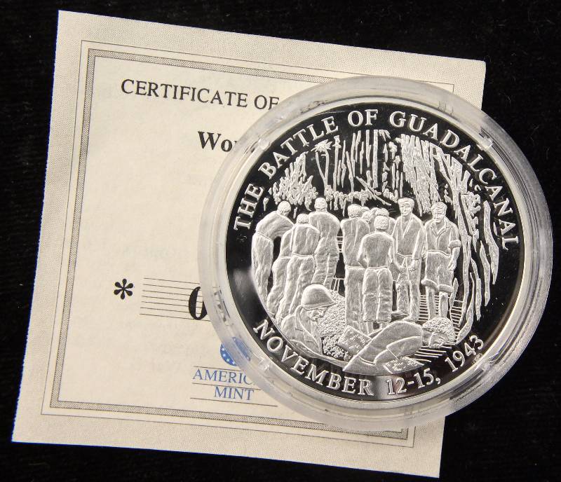 BATTLE OF GUADACANAL .999 FINE SILVER 20 GRAM (JUST UNDER 23 OZ) PROOF WITH COA