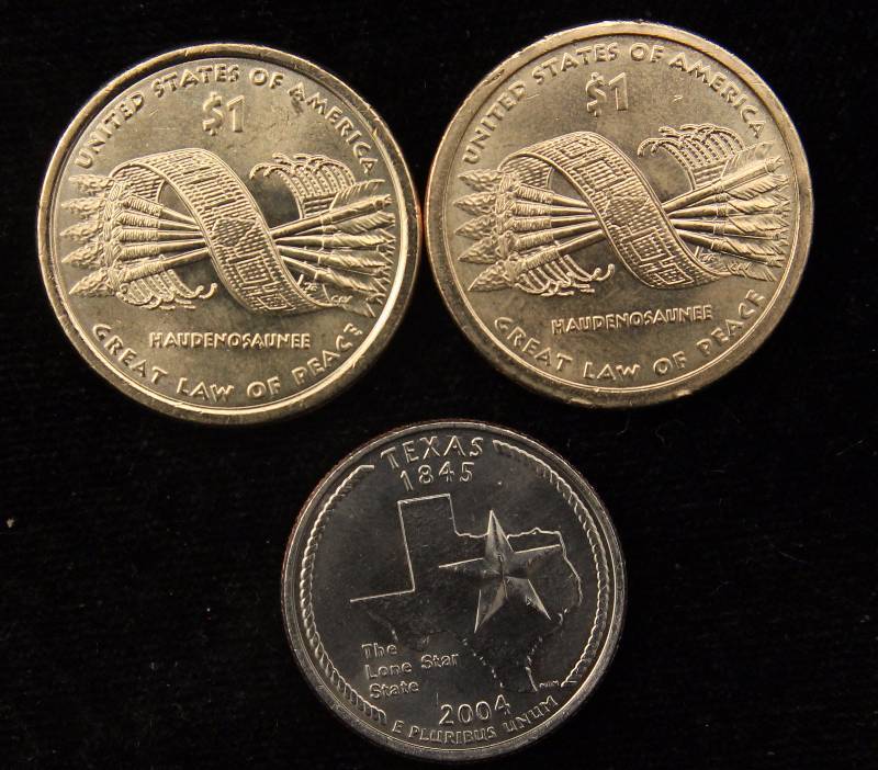 GROUP OF 3 COLOR ENHANCED US COINS - (2) DOLLARS AND (1) QUARTER