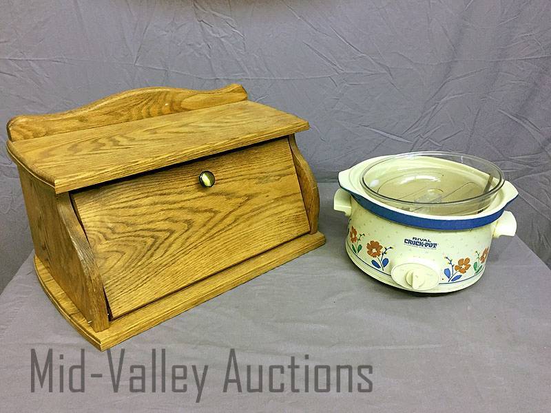 lot 29 image: Wood bread box and Rival Crock-Pot