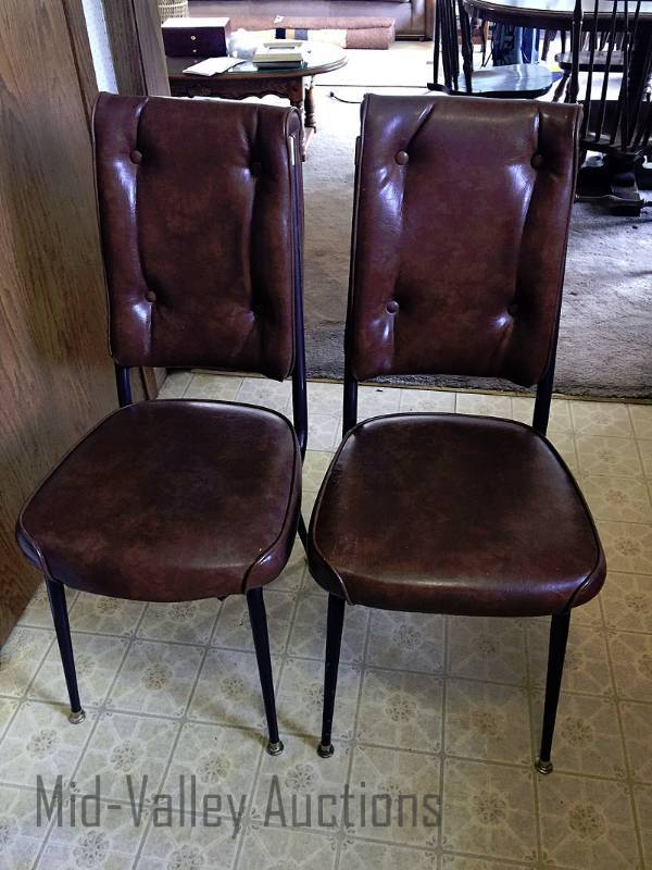 lot 144 image: 2 brown vinyl chairs, 1 wood padded chair