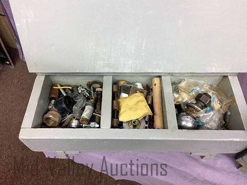 lot 193 image: 3 Wood shop boxes with assorted screws, nails, etc.
