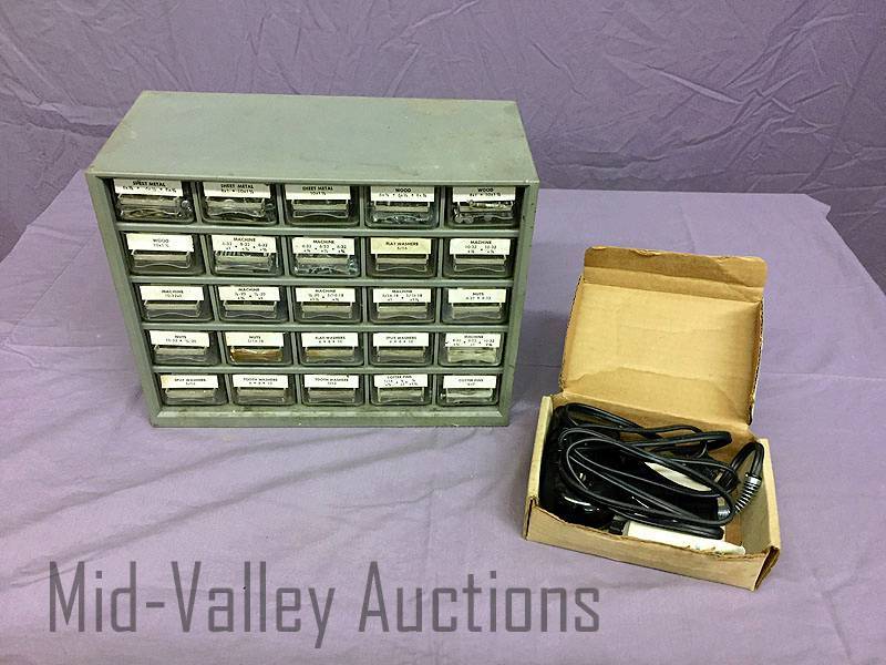 lot 198 image: Wall mountable storage rack with assorted fasteners and Solder Gun