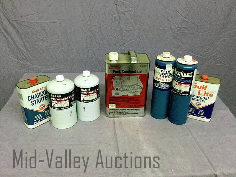 lot 217 image: Propane cans, Coleman fuel & charcoal starter