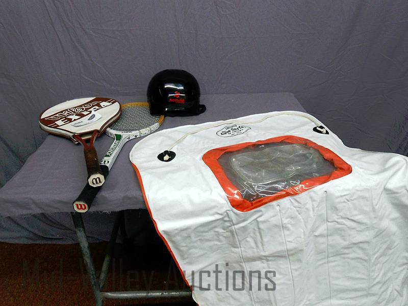 lot 346 image: Helmet, tennis rackets, Aqua-Surfer