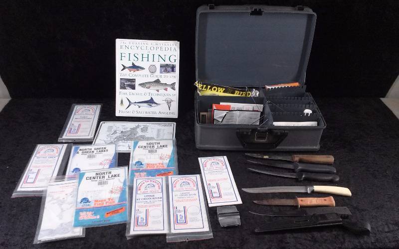 lot 42 image: Lot - Misc Fishing Fillet Knives, Tackle, Fishing Maps, etc
