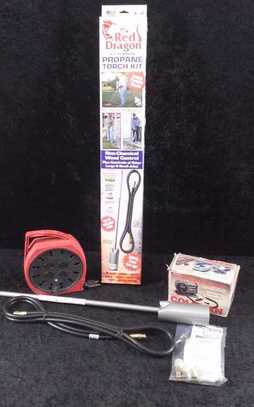 lot 46 image: Lot- Red Dragon Torch (NIB), Cord Reel, Inflator