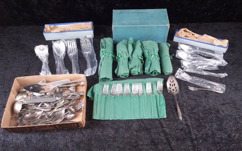 lot 53 image: Lot - STERLING Silverware Set & other Misc Silverplated Utensils