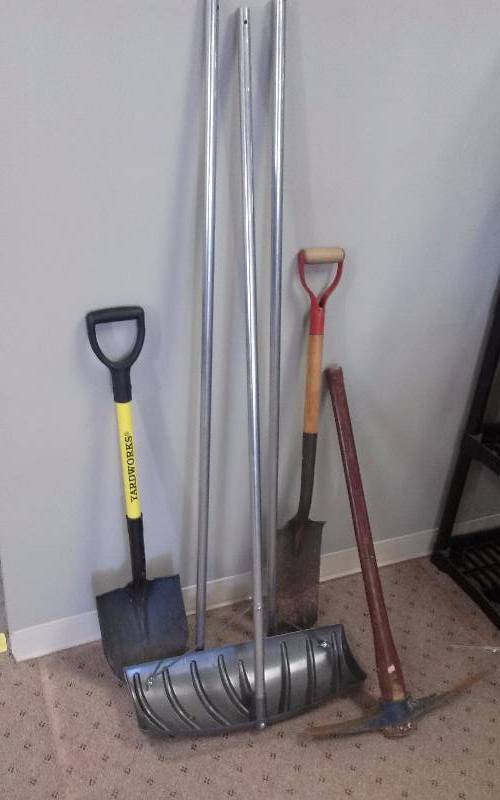 lot 60 image: Lot - Long Handled Tools, Snowrake, Shovel, Pick Axe, etc