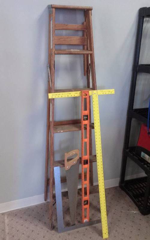 lot 64 image: Lot - Wood Ladder, T Square, Saw, etc