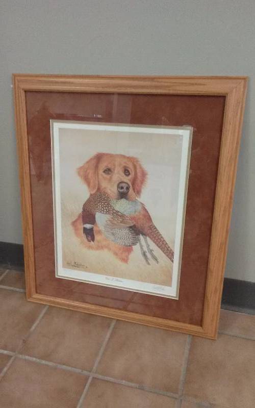 lot 71 image: Oak Framed, Signed & Numbered, Golden Retriever with Pheasant Rooster, Carl Melichar, 5611250, 25x22