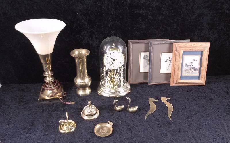 lot 81 image: Lot - Anniversary Clock, Brass Items, Lamp, Small Framed Prints