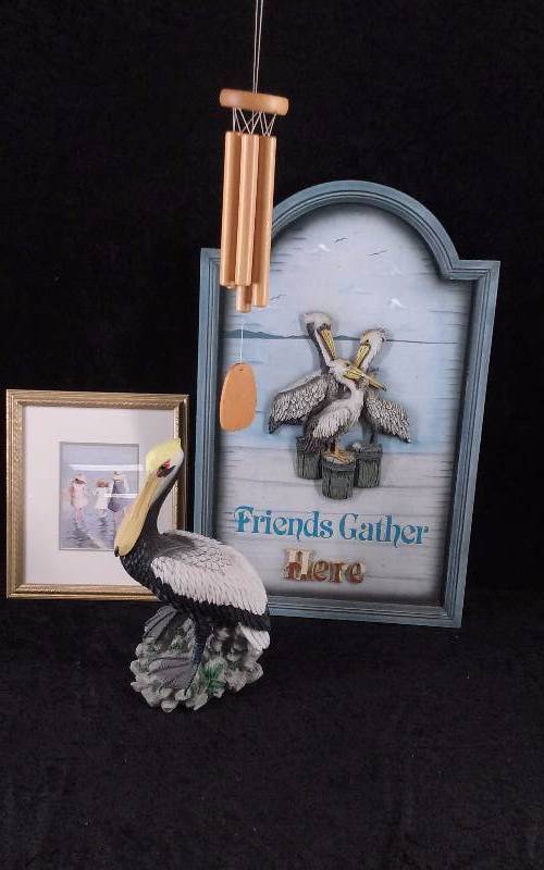 lot 84 image: Lot - Friends Gather Here Sign, Sea Gull Statue, Picture, etc